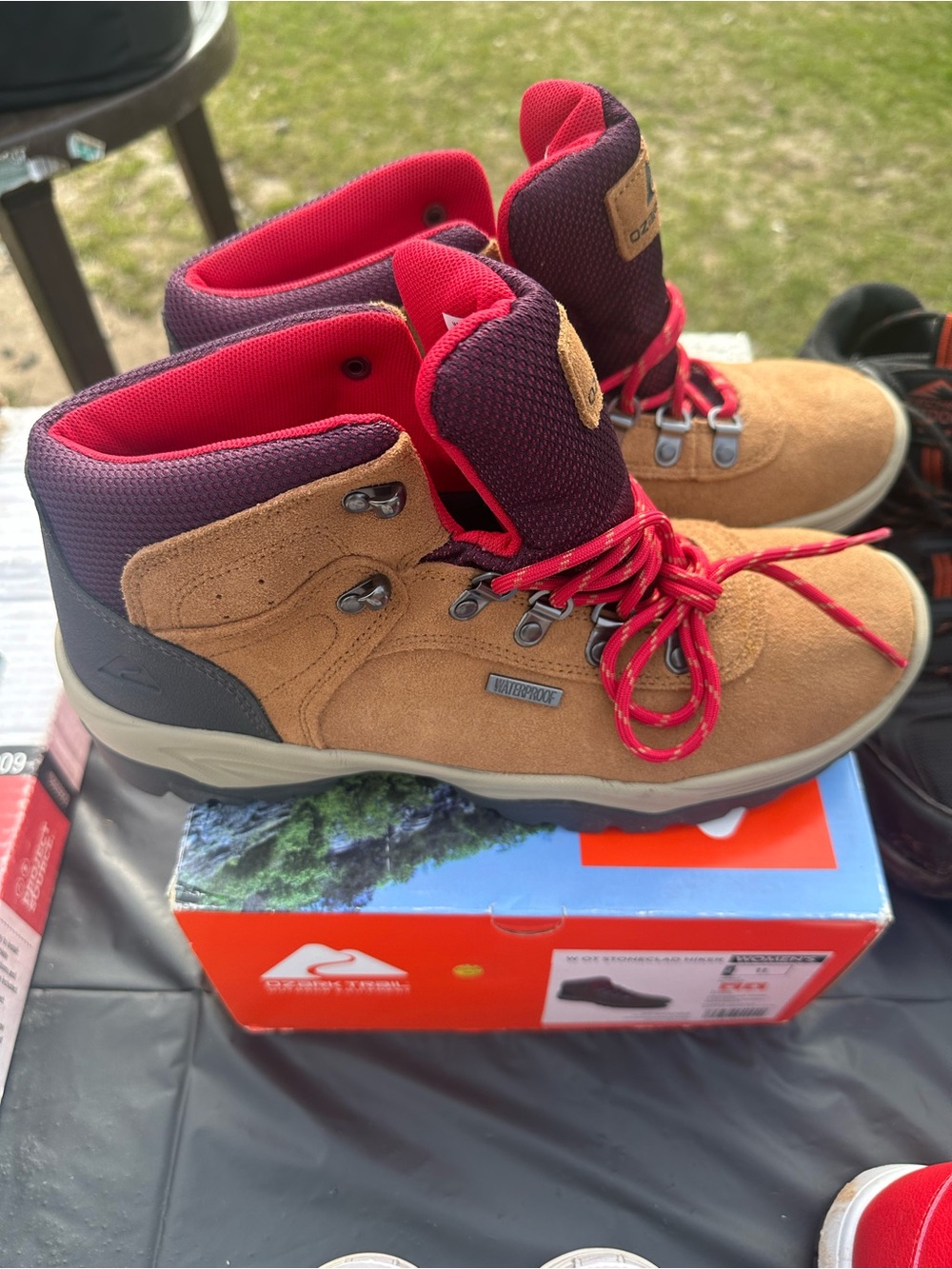 Ozark Trail Tan Suede Hiking Boots with Red Accents - Picture 2 of 4